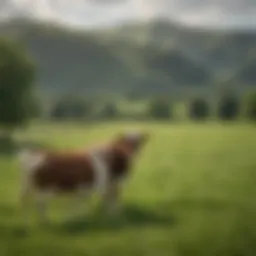 A serene farm scene showcasing lush green pastures with grazing cows, emphasizing the natural habitat for organic dairy production.