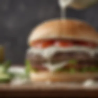 A close-up of ranch dressing drizzling over a juicy burger