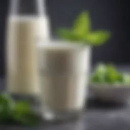 A close-up of fresh kefir milk in a glass with a sprig of mint