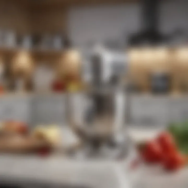 An organized kitchen countertop featuring a Kitchen Aid mixer and accessories