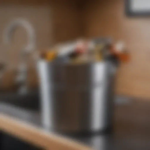 A sleek kitchen scrap bucket with a lid placed on a countertop, showcasing its aesthetic appeal and functionality.