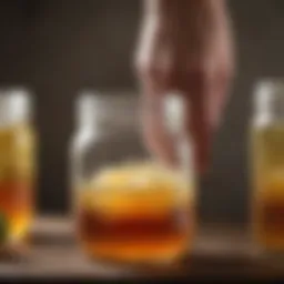 Close-up view of a kombucha mother culture in a jar