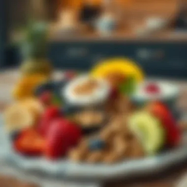 A beautifully arranged platter of healthy late-night snacks featuring fresh fruits, nuts, and yogurt.