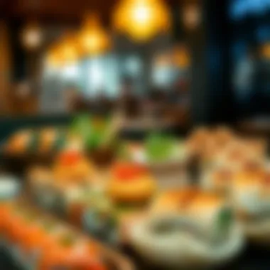 An assortment of international late-night snacks such as sushi, tapas, and dim sum.