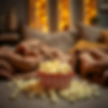 A cozy setting with a bowl of popcorn and cozy blankets, perfect for a late-night movie.