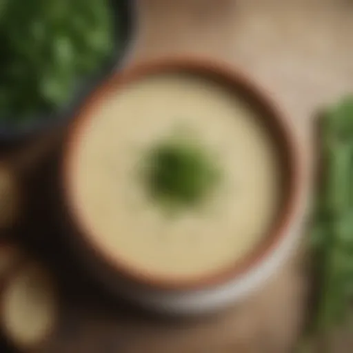 A bowl of creamy leek potato soup garnished with fresh herbs