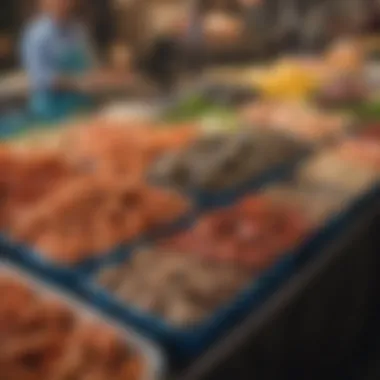 A vibrant seafood market showcasing local catches