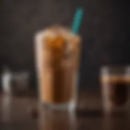 Elegant glass of iced coffee with ice cubes and coffee beans