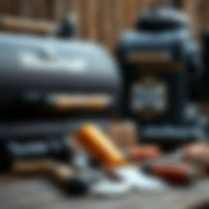 Maintenance tools laid out next to the Masterbuilt propane smoker
