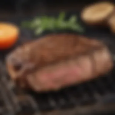 Perfectly Seared Steak on Charcoal Grill Charcoal grill with perfectly seared steak