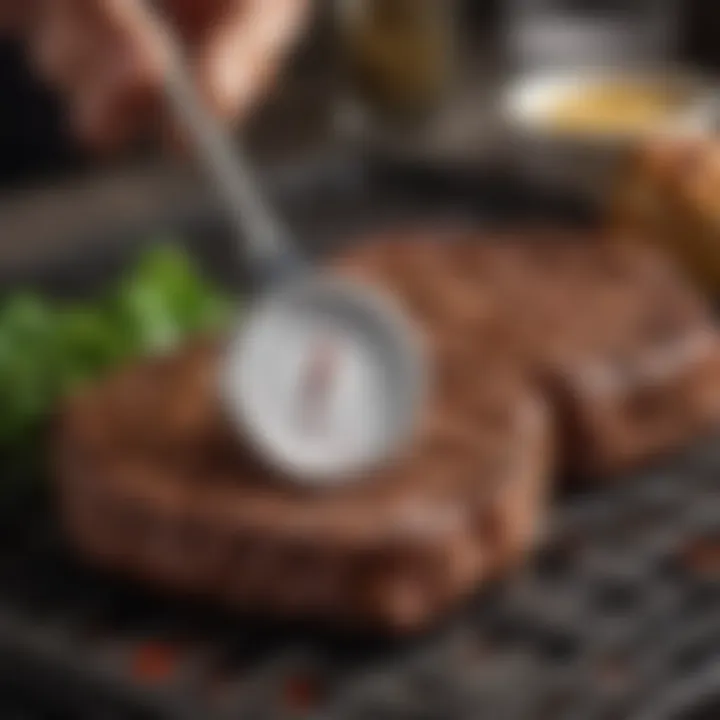 Thermometer measuring steak temperature