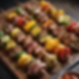 A vibrant display of assorted marinated kabob skewers ready for grilling.