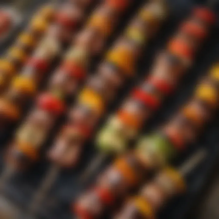 Close-up of succulent grilled kabobs with vegetables and meats, showcasing exquisite char marks.