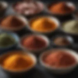 A close-up of a variety of dry rub spices in bowls, showcasing vibrant colors and textures.