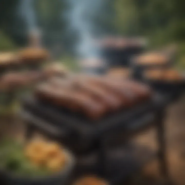 A rustic setup of a smoker with ribs inside, surrounded by nature, showcasing a serene cooking environment.