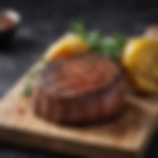 A perfectly grilled filet mignon on a wooden board