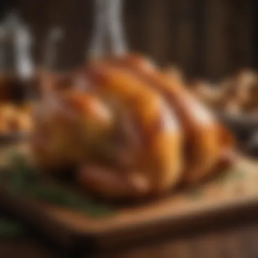 A perfectly roasted three-pound chicken resting on a wooden cutting board.