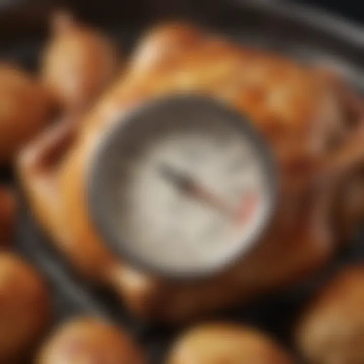 A thermometer inserted into the chicken, showing the ideal internal temperature.