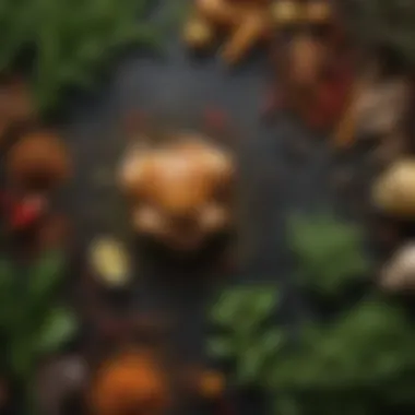 Herbs and Spices: Elevating Flavor Profiles An assortment of fresh herbs and spices arranged for seasoning a chicken.