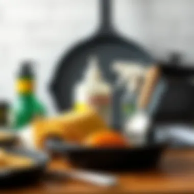 Cleaning supplies for maintaining cast iron cookware arranged aesthetically