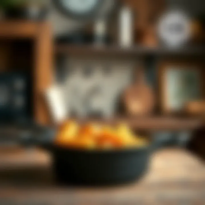 A well-maintained cast iron skillet displayed on a rustic kitchen counter