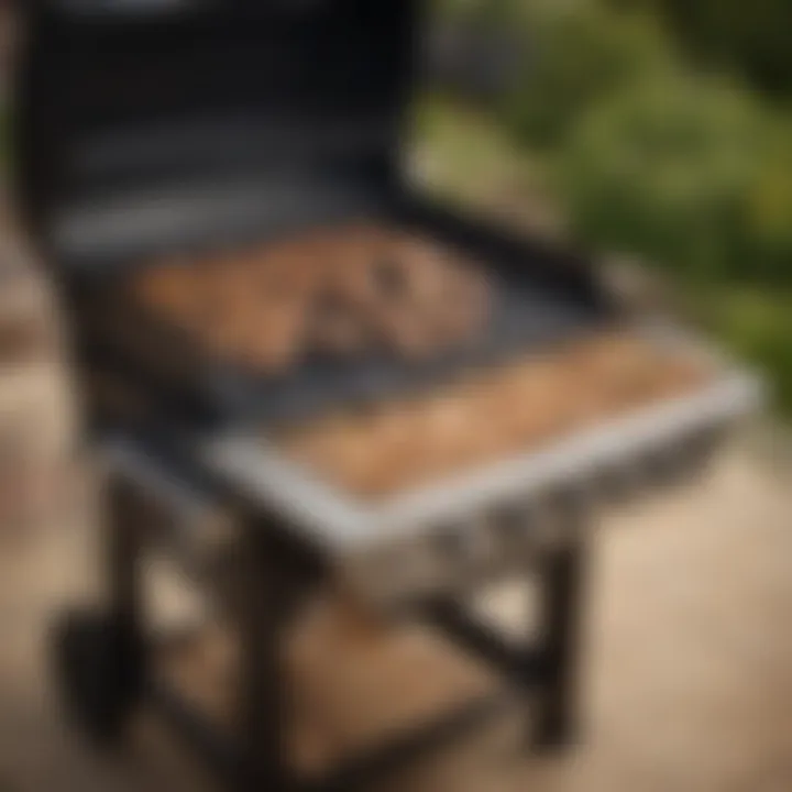A gas grill with a wood chip tray elegantly integrated for enhanced flavor.