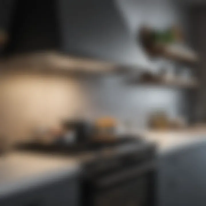 Functional over the oven shelf with pots and utensils in a modern kitchen