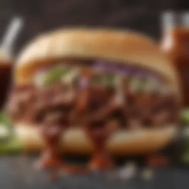 A close-up view of the McRib showcasing its barbecue sauce and toppings