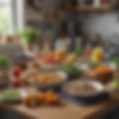 A well-organized kitchen workspace set up for meal preparation with healthy ingredients.