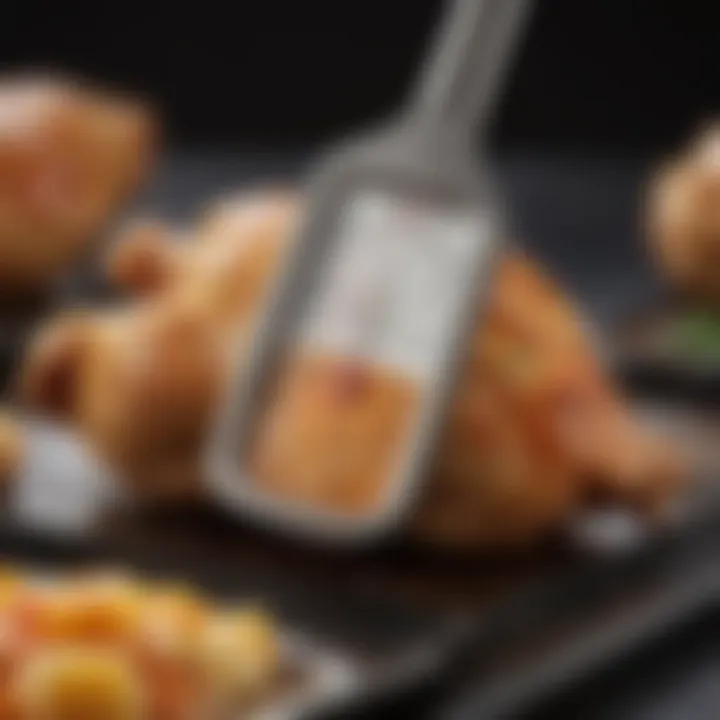 A digital meat thermometer inserted into a juicy piece of chicken.