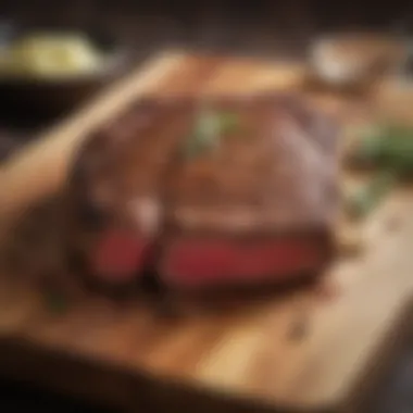 A perfectly grilled steak resting on a cutting board.