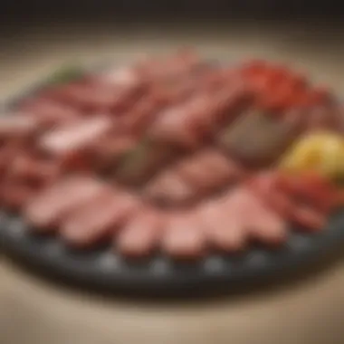 A selection of various meats arranged on a platter, highlighting different cooking levels.