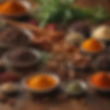 A close-up of spices arranged artistically on a wooden surface