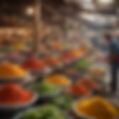 Vibrant Mexican Market Scene A scenic view of a bustling Mexican market filled with spices and local produce.