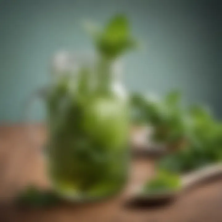 A glass jar filled with homemade mint infused simple syrup, with mint sprigs and a wooden spoon beside it.