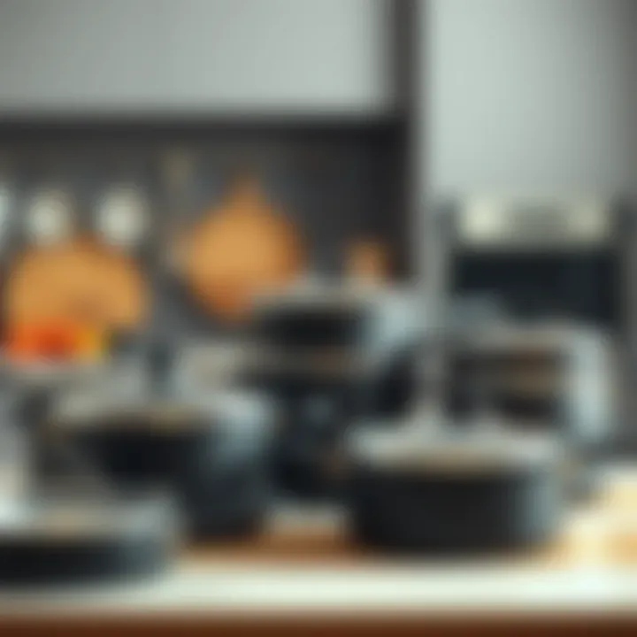 An arrangement of various non-stick pots with lids in a modern kitchen setting