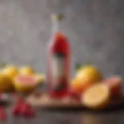 A vibrant bottle of monkfruit simple syrup surrounded by fresh fruits