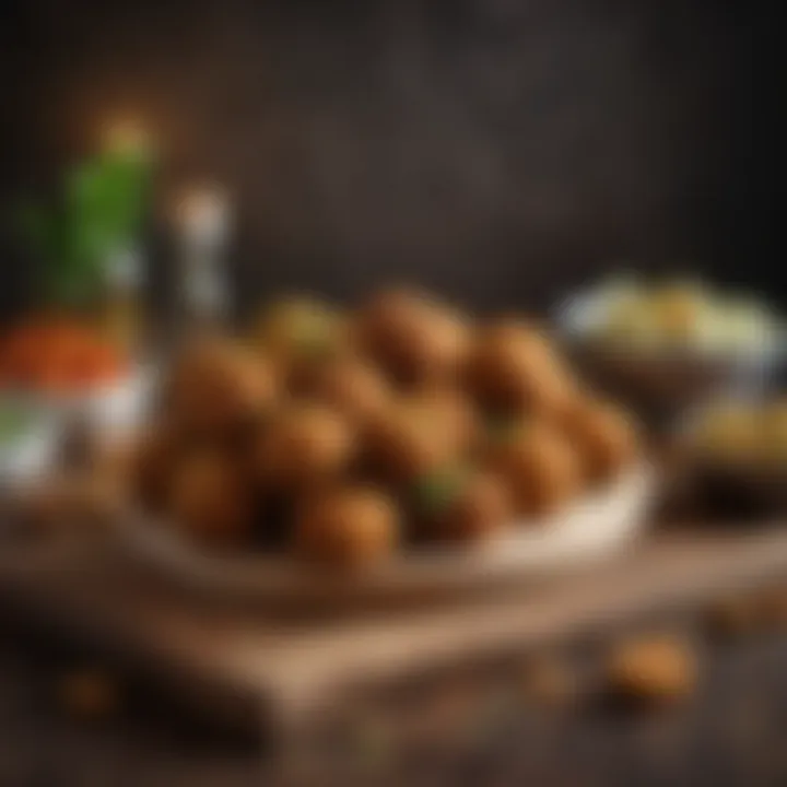 Artisan falafel balls displayed with a variety of dips and sauces