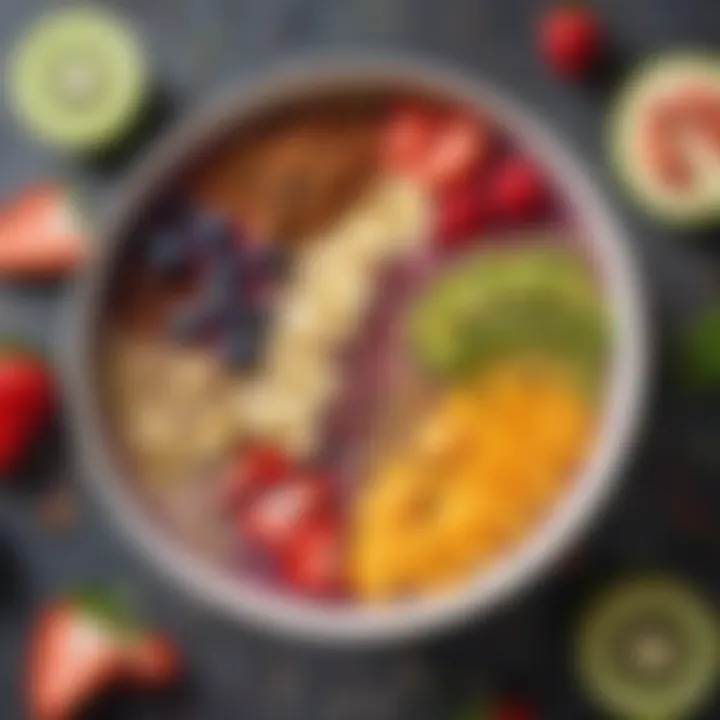 A colorful smoothie bowl topped with various healthy ingredients