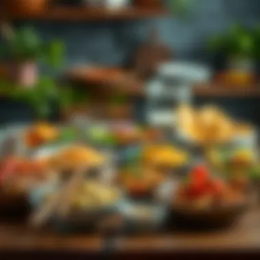 Assorted International Lunch Dishes An assortment of international lunch dishes displayed on a rustic table