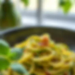 A close-up of no-carb spaghetti made from zucchini noodles