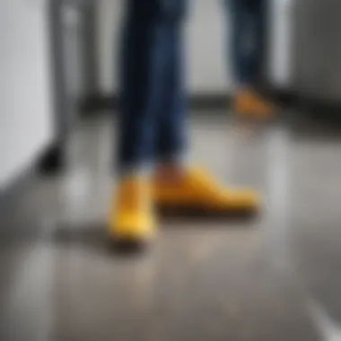 Non-slip shoes on a kitchen floor with safety focus