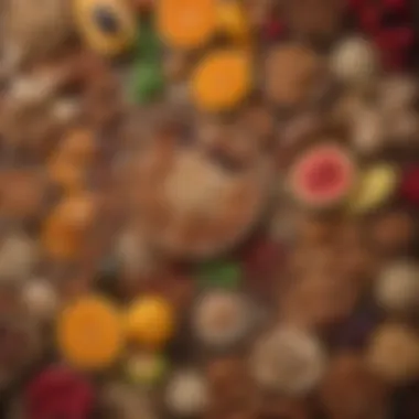 An assortment of whole foods including fruits, nuts, and seeds presented artfully