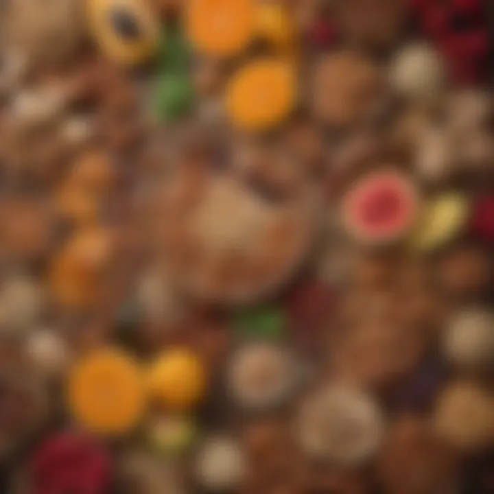 An assortment of whole foods including fruits, nuts, and seeds presented artfully