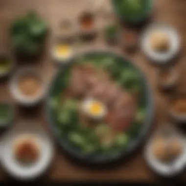 A balanced meal with lean proteins, whole grains, and leafy greens displayed on a table