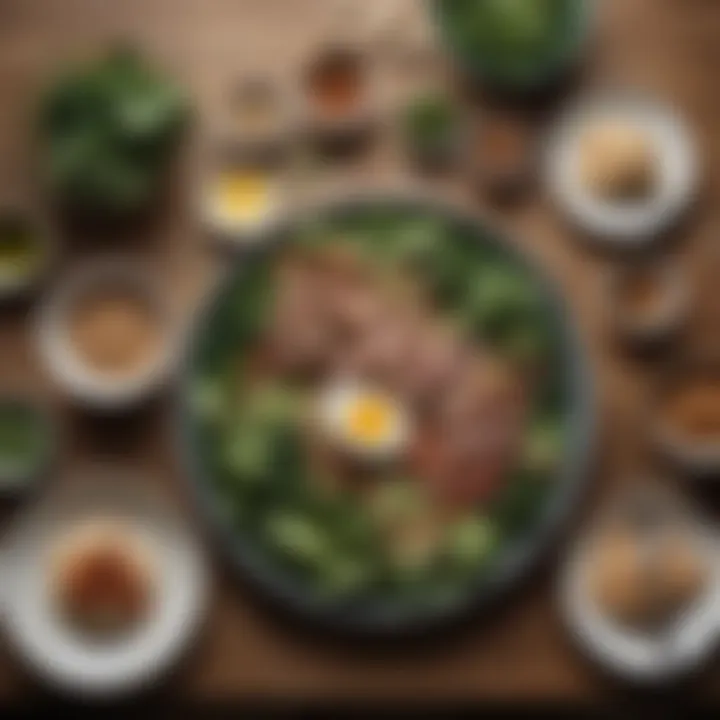 A balanced meal with lean proteins, whole grains, and leafy greens displayed on a table