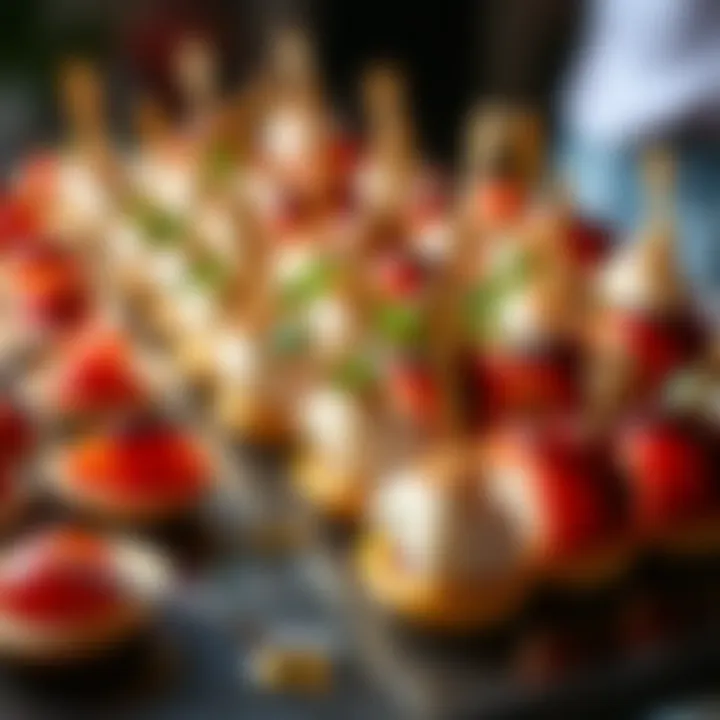 A platter of elegant bite-sized hors d'oeuvres arranged artistically for a sophisticated gathering.