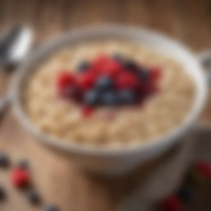 A bowl of oatmeal topped with berries and honey