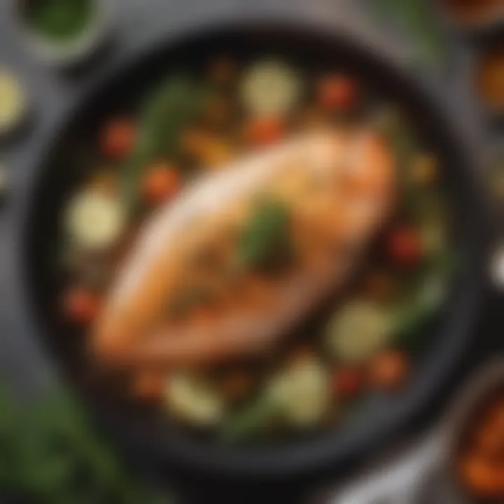 An elegant dish featuring baked fish with herbs
