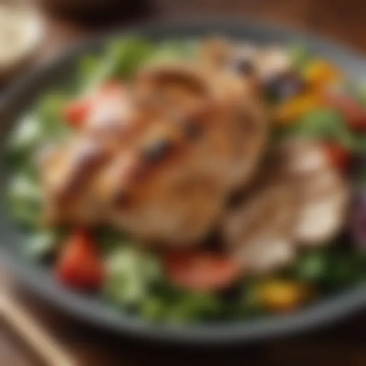 A colorful salad topped with grilled chicken and vegetables